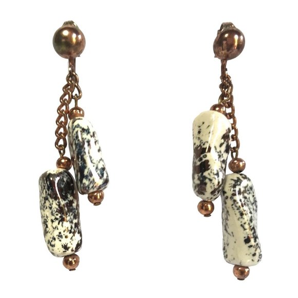 Unbranded Jewelry - Vintage Unique 1950s 1960s Copper Tone Clip On Earrings w Ceramic Bead Dangles